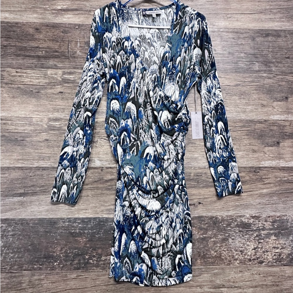 Jennifer Lopez Blue Long Sleeve V-neck Bodycon Dress